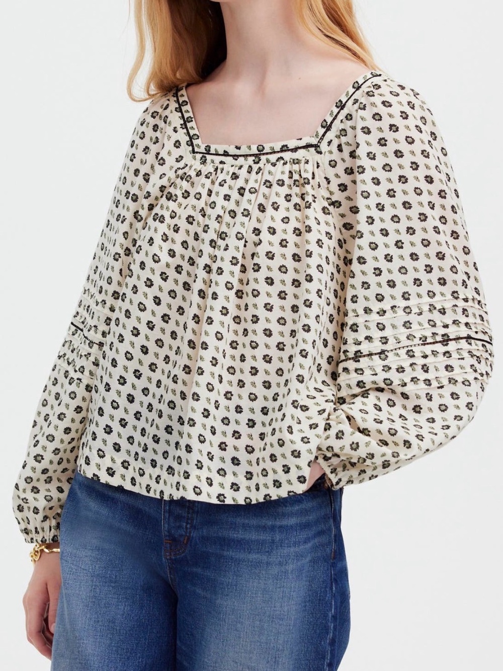 Madewell Square-Neck Floral Top- Antique White